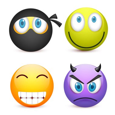 Gülen mavi gözlü, ifade kümesi. Sarı yüz duygularla. Yüz ifadesi. 3D gerçekçi emoji. Üzgün, mutlu, kızgın yüzler. Komik çizgi film karakteri. Mood.Vector illüstrasyon.