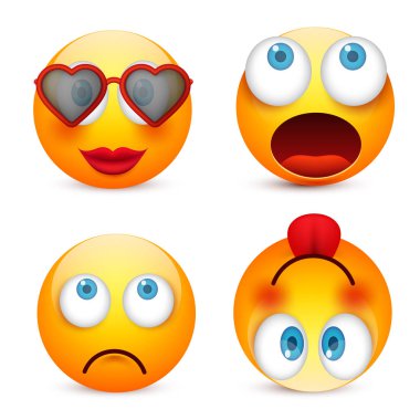 Gülen mavi gözlü, ifade kümesi. Sarı yüz duygularla. Yüz ifadesi. 3D gerçekçi emoji. Üzgün, mutlu, kızgın yüzler. Komik çizgi film karakteri. Mood.Vector illüstrasyon.