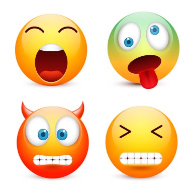 Gülen mavi gözlü, ifade kümesi. Sarı yüz duygularla. Yüz ifadesi. 3D gerçekçi emoji. Üzgün, mutlu, kızgın yüzler. Komik çizgi film karakteri. Mood.Vector illüstrasyon.