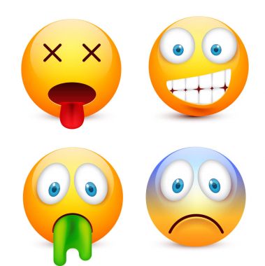 Gülen mavi gözlü, ifade kümesi. Sarı yüz duygularla. Yüz ifadesi. 3D gerçekçi emoji. Üzgün, mutlu, kızgın yüzler. Komik çizgi film karakteri. Mood.Vector illüstrasyon.