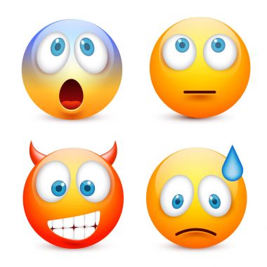 Gülen mavi gözlü, ifade kümesi. Sarı yüz duygularla. Yüz ifadesi. 3D gerçekçi emoji. Üzgün, mutlu, kızgın yüzler. Komik çizgi film karakteri. Mood.Vector illüstrasyon.