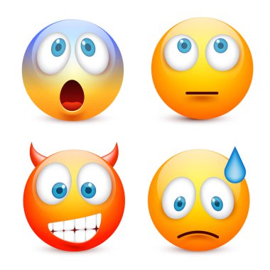 Gülen mavi gözlü, ifade kümesi. Sarı yüz duygularla. Yüz ifadesi. 3D gerçekçi emoji. Üzgün, mutlu, kızgın yüzler. Komik çizgi film karakteri. Mood.Vector illüstrasyon.