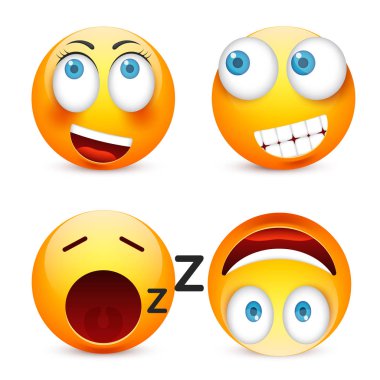 Gülen mavi gözlü, ifade kümesi. Sarı yüz duygularla. Yüz ifadesi. 3D gerçekçi emoji. Üzgün, mutlu, kızgın yüzler. Komik çizgi film karakteri. Mood.Vector illüstrasyon.