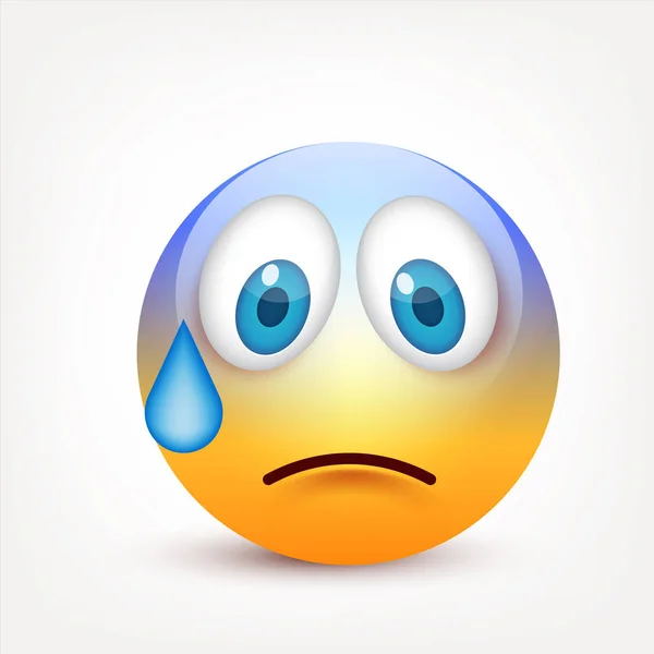 Sorridente con gli occhi azzurri, emoticon. Faccia gialla con emozioni. Espressione facciale. 3D emoji realistico. Triste, felice, arrabbiato faces.Funny personaggio dei fumetti.Mood.Vector illustrazione . — Vettoriale Stock