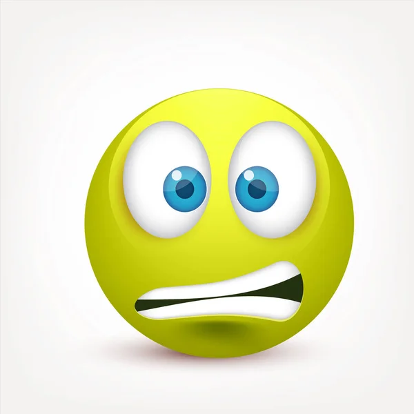 Sorridente com olhos azuis, emoticon. Greenface com emoções. Expressão facial. 3d emoji realista. Caras tristes, felizes, irritadas.Caráter engraçado dos desenhos animados.Humor ilustração vetorial . — Vetor de Stock