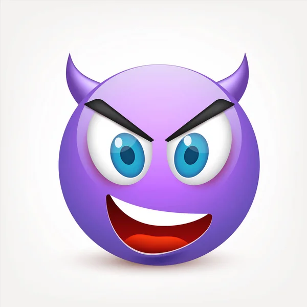 Gezichtje met blauwe ogen, emoticon. Violetface met emoties. Gelaatsuitdrukking. 3D-realistische emoji. Boos, verdrietig, gelukkig gezichten. Grappige cartoon karakter. Mood.Vector afbeelding. — Stockvector