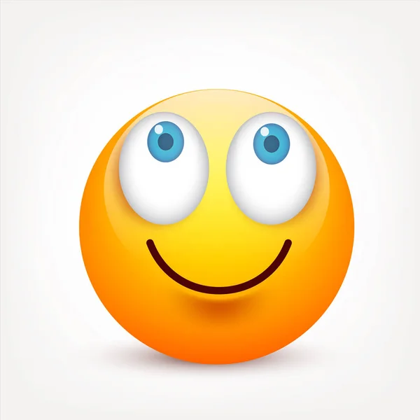 Sonriente de ojos azules, emoticono. Cara amarilla con emociones. Expresión facial. emoji realista 3d. Caras tristes, felices, enojadas.Personaje de dibujos animados divertidos.Mood.Vector ilustración . — Vector de stock