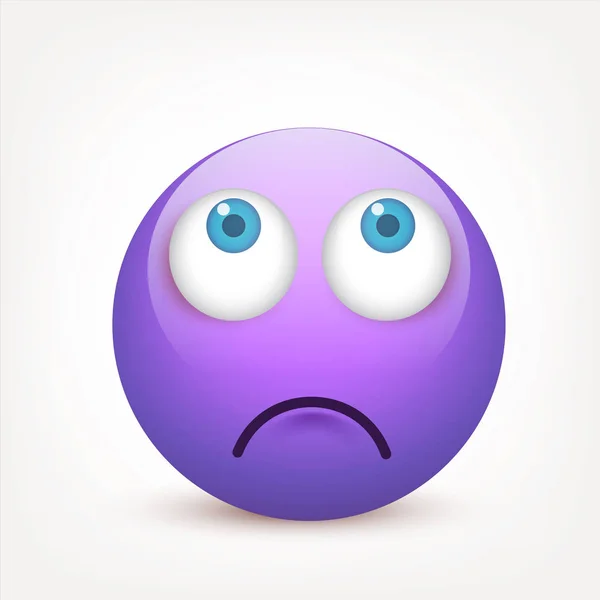 Sonriente de ojos azules, emoticono. Cara violeta con emociones. Expresión facial. emoji realista 3d. Caras tristes, felices, enojadas.Personaje de dibujos animados divertidos.Mood.Vector ilustración . — Archivo Imágenes Vectoriales