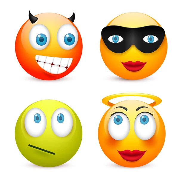 Gülen mavi gözlü, ifade kümesi. Sarı yüz duygularla. Yüz ifadesi. 3D gerçekçi emoji. Üzgün, mutlu, kızgın yüzler. Komik çizgi film karakteri. Mood.Vector illüstrasyon.
