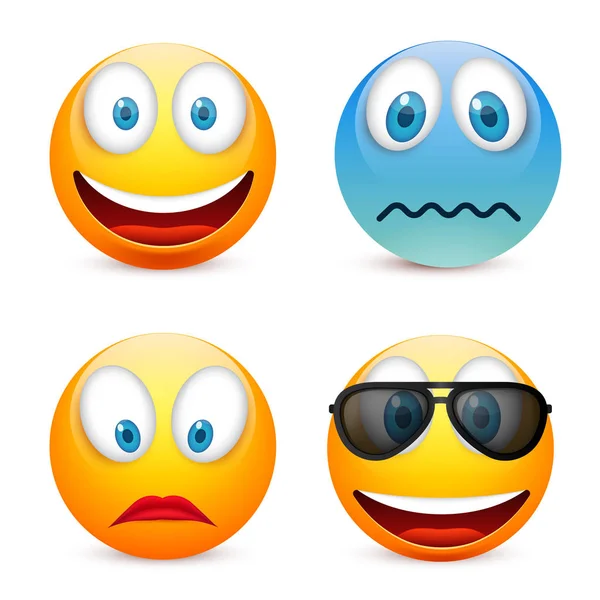 Gülen mavi gözlü, ifade kümesi. Sarı yüz duygularla. Yüz ifadesi. 3D gerçekçi emoji. Üzgün, mutlu, kızgın yüzler. Komik çizgi film karakteri. Mood.Vector illüstrasyon.