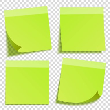 Yapışkan notu üzerinde şeffaf arka plan izole gölge ile. Yeşil kağıt. Notepaper iletide. Hatırlatma. Vektör çizim.