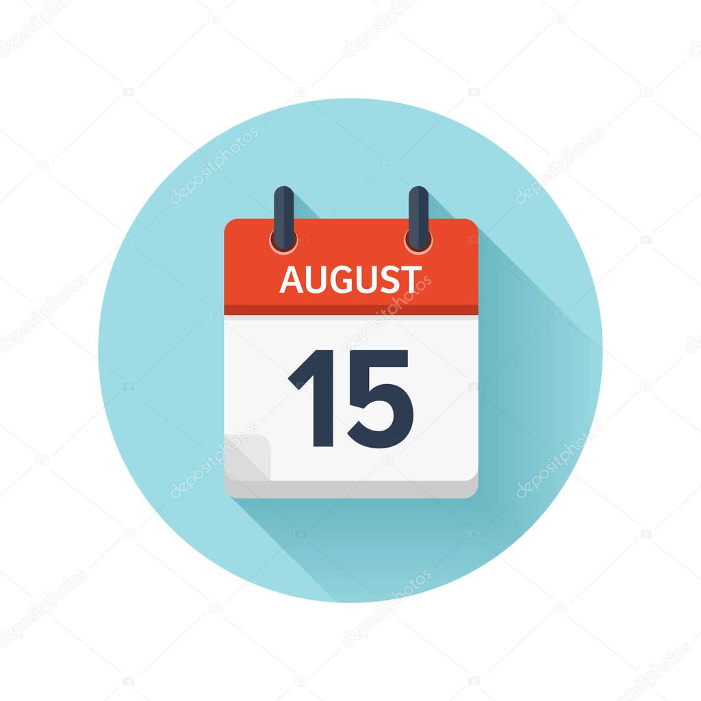 August 15. Vector flat daily calendar icon. Date and time, day, month 2018. Holiday. Season.