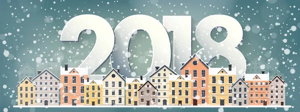 Kış kentsel peyzaj. Kar ile şehir. Noel ve yeni yıl. Cityscape. Buildings.2018.Vector illüstrasyon.