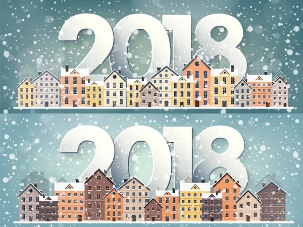 Kış kentsel peyzaj. Kar ile şehir. Noel ve yeni yıl. Cityscape. Buildings.2018.Vector illüstrasyon.