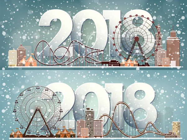 Kış kentsel peyzaj. Kar ile şehir. Noel ve yeni yıl. Cityscape. Buildings.2018.Vector illüstrasyon.