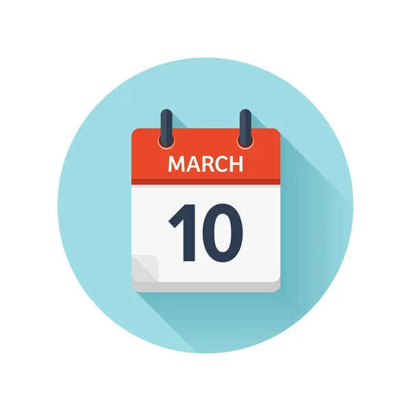 10. März Vektor flachen Tageskalender Symbol. Datum und Uhrzeit, Tag, Monat 2018. Feiertag. Saison. — Stockvektor