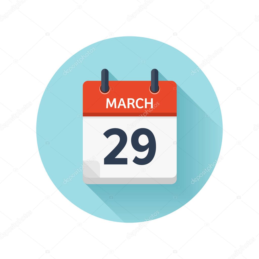 March 29. Vector flat daily calendar icon. Date and time, day, month 2018. Holiday. Season.