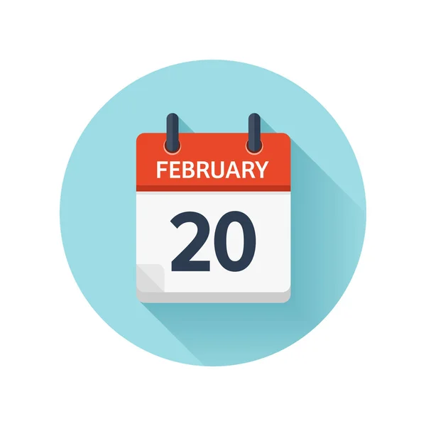 20 de febrero. Vector plano icono de calendario diario. Fecha y hora, día, mes 2018. Vacaciones. Temporada . — Vector de stock