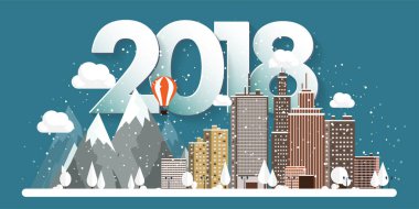 Vektör çizim. 2018 kış kentsel peyzaj. Kar ile şehir. Noel ve yeni yıl. Cityscape. Buildings.Mountaines, doğa.