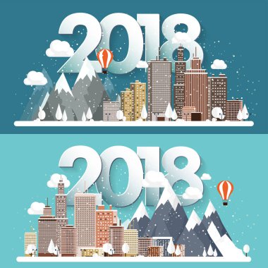 Vektör çizim. 2018 kış kentsel peyzaj. Kar ile şehir. Noel ve yeni yıl. Cityscape. Buildings.Mountaines, doğa.