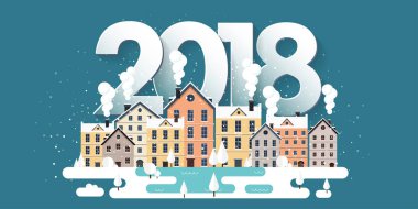 Vektör çizim. 2018 kış kentsel peyzaj. Kar ile şehir. Noel ve yeni yıl. Cityscape. Binalar.