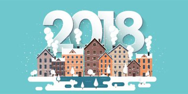 Vektör çizim. 2018 kış kentsel peyzaj. Kar ile şehir. Noel ve yeni yıl. Cityscape. Binalar.