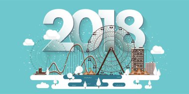 Vektör çizim. 2018 kış kentsel peyzaj. Kar ile şehir. Noel ve yeni yıl. Cityscape. Buildings.Ferris tekerlek, park.