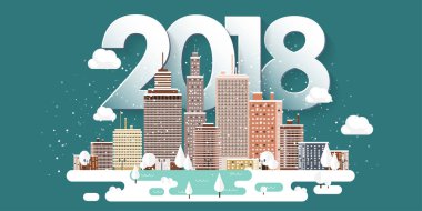 Vektör çizim. 2018 kış kentsel peyzaj. Kar ile şehir. Noel ve yeni yıl. Cityscape. Binalar.