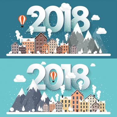 Vektör çizim. 2018 kış kentsel peyzaj. Kar ile şehir. Noel ve yeni yıl. Cityscape. Buildings.Mountaines, doğa.