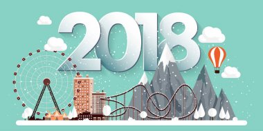 Vektör çizim. 2018 kış kentsel peyzaj. Kar ile şehir. Noel ve yeni yıl. Cityscape. Buildings.Mountaines, doğa. Dönme dolap, park.