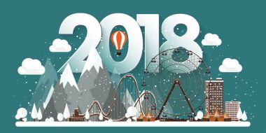 Vektör çizim. 2018 kış kentsel peyzaj. Kar ile şehir. Noel ve yeni yıl. Cityscape. Buildings.Mountaines, doğa. Dönme dolap, park.