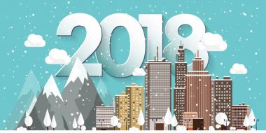 Vektör çizim. 2018 kış kentsel peyzaj. Kar ile şehir. Noel ve yeni yıl. Cityscape. Buildings.Mountaines, doğa.