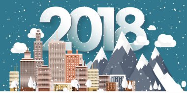 Vektör çizim. 2018 kış kentsel peyzaj. Kar ile şehir. Noel ve yeni yıl. Cityscape. Buildings.Mountaines, doğa.