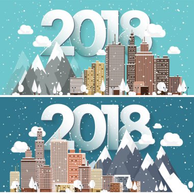 Vektör çizim. 2018 kış kentsel peyzaj. Kar ile şehir. Noel ve yeni yıl. Cityscape. Buildings.Mountaines, doğa.