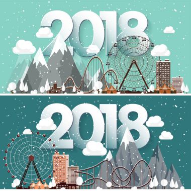 Vektör çizim. 2018 kış kentsel peyzaj. Kar ile şehir. Noel ve yeni yıl. Cityscape. Buildings.Mountaines, doğa. Dönme dolap, park.