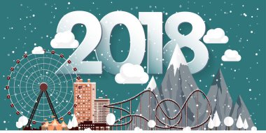 Vektör çizim. 2018 kış kentsel peyzaj. Kar ile şehir. Noel ve yeni yıl. Cityscape. Buildings.Mountaines, doğa. Dönme dolap, park.