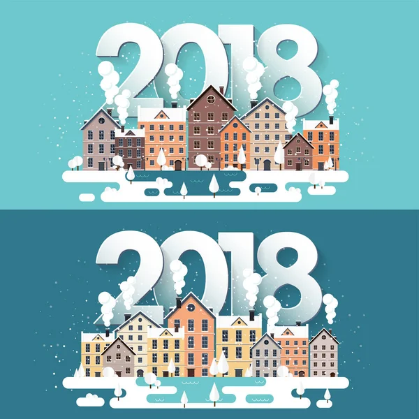 Vektör çizim. 2018 kış kentsel peyzaj. Kar ile şehir. Noel ve yeni yıl. Cityscape. Binalar.