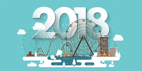 Vektör çizim. 2018 kış kentsel peyzaj. Kar ile şehir. Noel ve yeni yıl. Cityscape. Buildings.Ferris tekerlek, park.