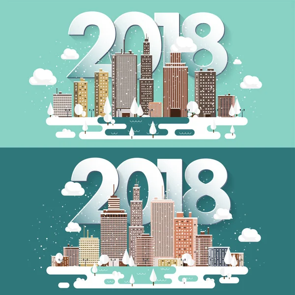 矢量图。2018 冬季城市景观。雪的城市。圣诞节和新年。城市景观。建筑. — 图库矢量图片