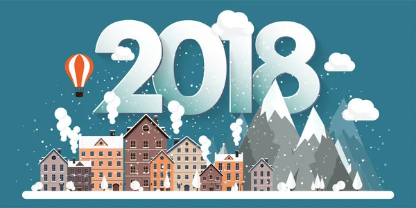 Vektör çizim. 2018 kış kentsel peyzaj. Kar ile şehir. Noel ve yeni yıl. Cityscape. Buildings.Mountaines, doğa.