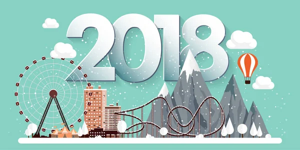 矢量图。2018 冬季城市景观。雪的城市。圣诞节和新年。城市景观。Buildings.Mountaines，自然。摩天轮公园. — 图库矢量图片