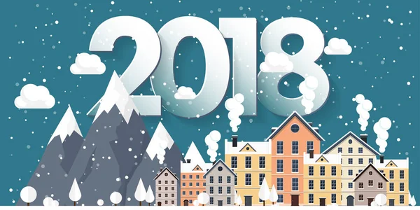 Vektör çizim. 2018 kış kentsel peyzaj. Kar ile şehir. Noel ve yeni yıl. Cityscape. Buildings.Mountaines, doğa.