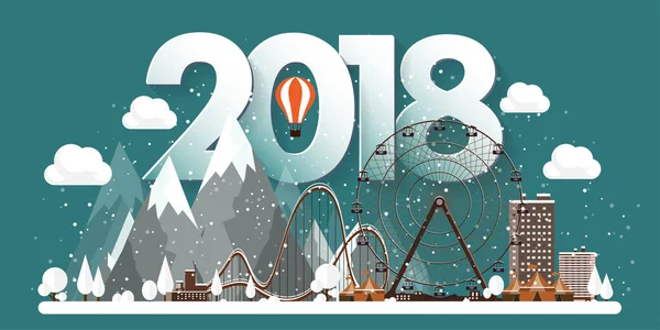 Vektör çizim. 2018 kış kentsel peyzaj. Kar ile şehir. Noel ve yeni yıl. Cityscape. Buildings.Mountaines, doğa. Dönme dolap, park.