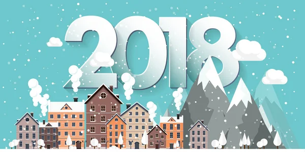 Vektör çizim. 2018 kış kentsel peyzaj. Kar ile şehir. Noel ve yeni yıl. Cityscape. Buildings.Mountaines, doğa.