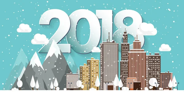 Vektör çizim. 2018 kış kentsel peyzaj. Kar ile şehir. Noel ve yeni yıl. Cityscape. Buildings.Mountaines, doğa.