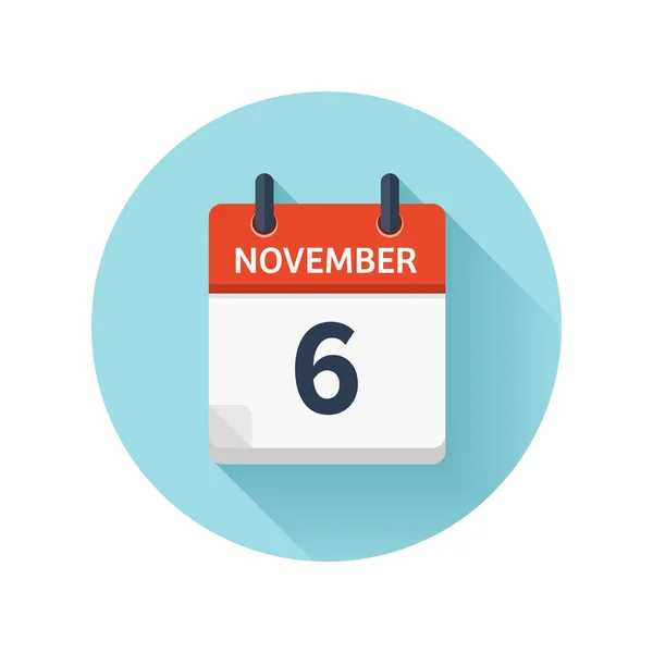 Le 6 novembre. Icône vectorielle du calendrier quotidien plat. Date et heure, jour, mois 2018. Vacances. Saison . — Image vectorielle