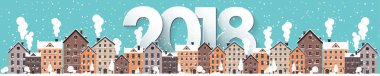 Kış kentsel peyzaj. Kar ile şehir. Noel ve yeni yıl. Cityscape. Buildings.2018.Vector illüstrasyon.