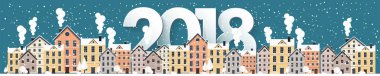 Kış kentsel peyzaj. Kar ile şehir. Noel ve yeni yıl. Cityscape. Buildings.2018.Vector illüstrasyon.