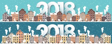 Kış kentsel peyzaj. Kar ile şehir. Noel ve yeni yıl. Cityscape. Buildings.2018.Vector illüstrasyon.