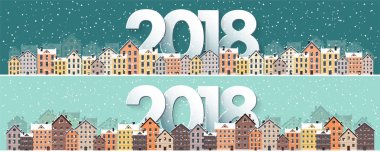 Kış kentsel peyzaj. Kar ile şehir. Noel ve yeni yıl. Cityscape. Buildings.2018.Vector illüstrasyon.